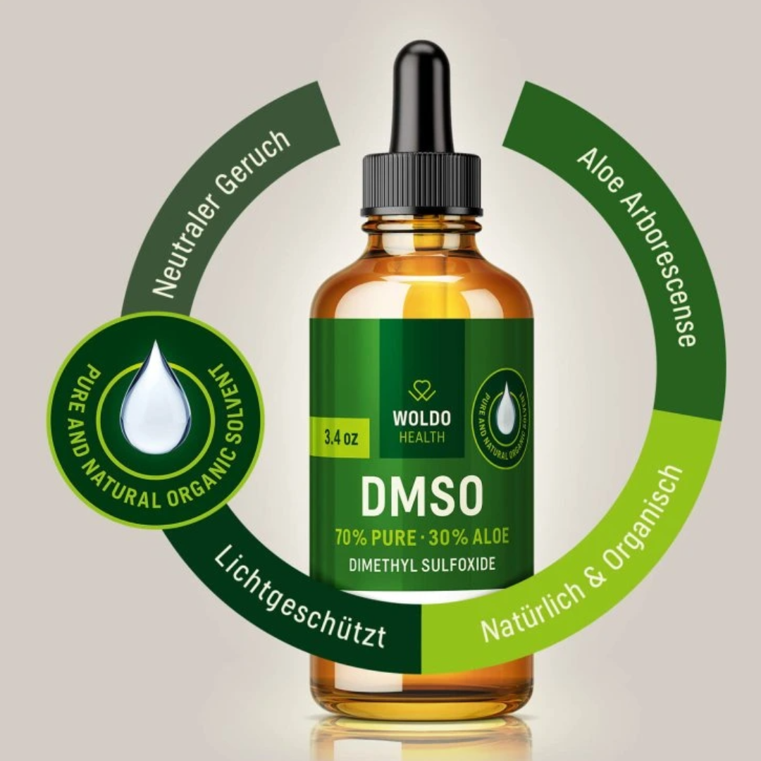 WoldoHealth DMSO 70% + 30% aloe dropper bottle with circular graphic highlighting neutral smell, light protection and Aloe arborescens.